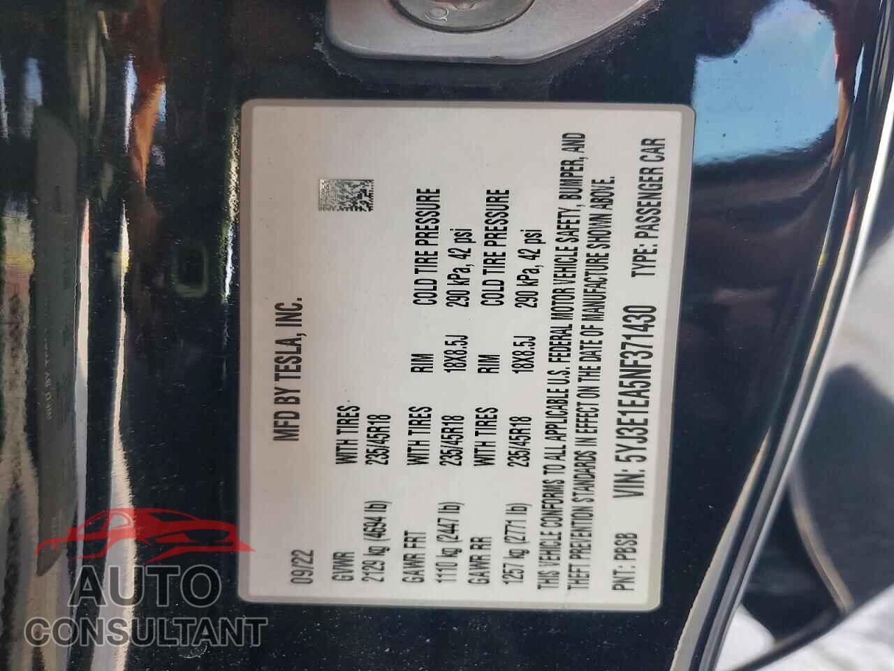 TESLA MODEL 3 2022 - 5YJ3E1EA5NF371430