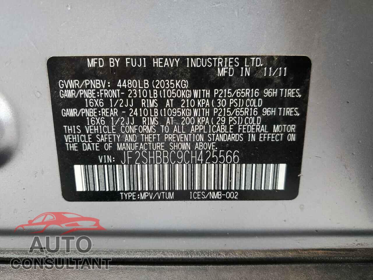 SUBARU FORESTER 2012 - JF2SHBBC9CH425566