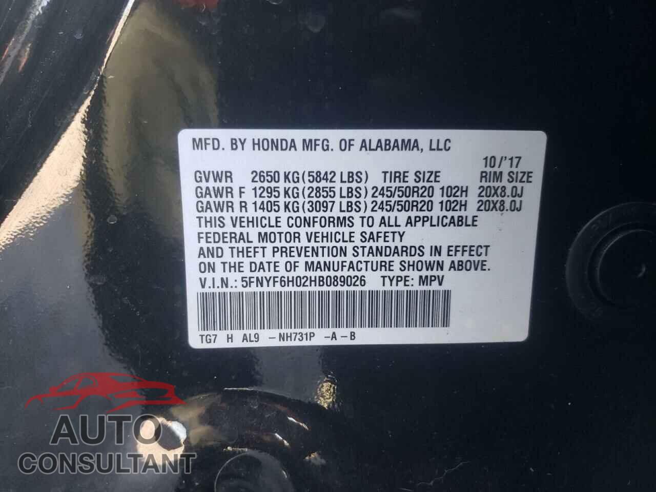 HONDA PILOT 2017 - 5FNYF6H02HB089026