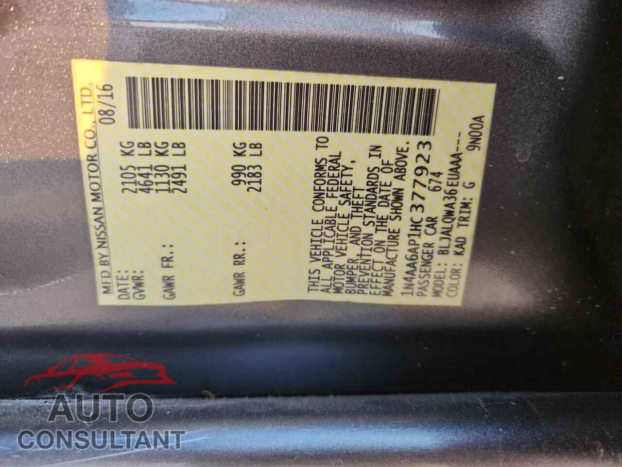 NISSAN MAXIMA 2017 - 1N4AA6AP1HC377923
