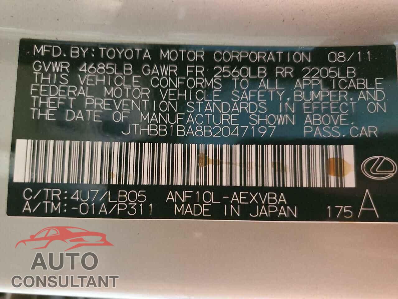 LEXUS HS 2011 - JTHBB1BA8B2047197