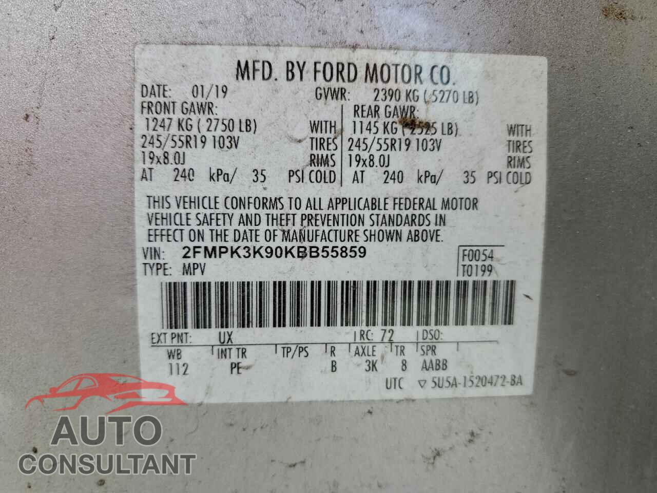FORD EDGE 2019 - 2FMPK3K90KBB55859