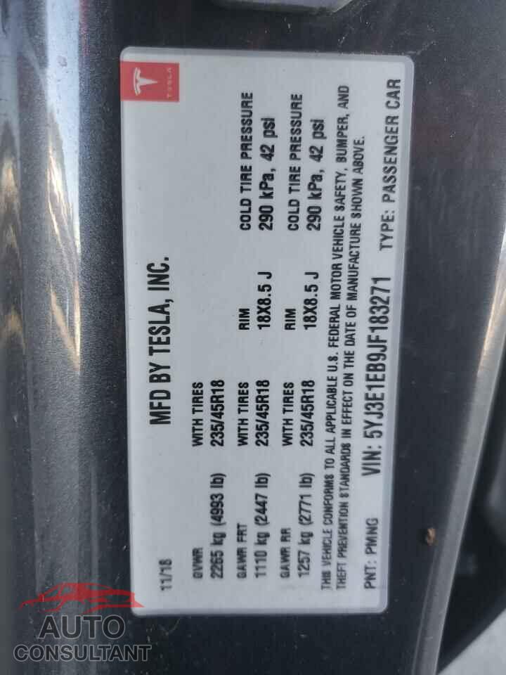 TESLA MODEL 3 2018 - 5YJ3E1EB9JF183271