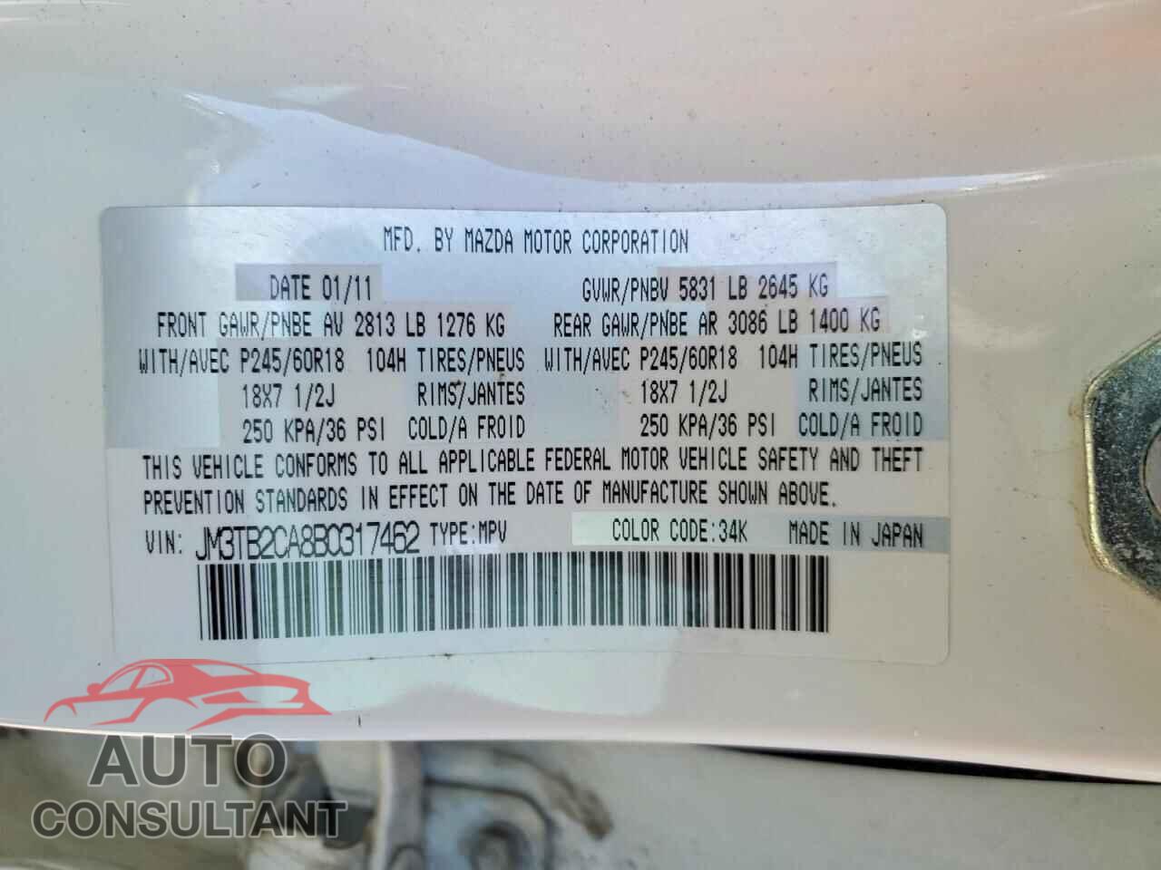 MAZDA CX-9 2011 - JM3TB2CA8B0317462