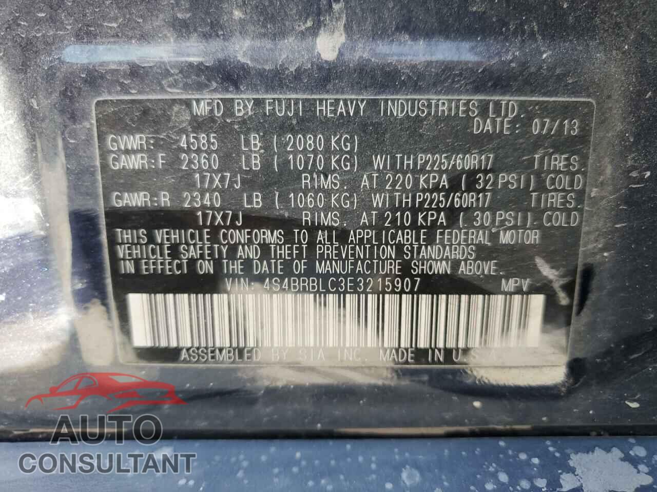 SUBARU OUTBACK 2014 - 4S4BRBLC3E3215907