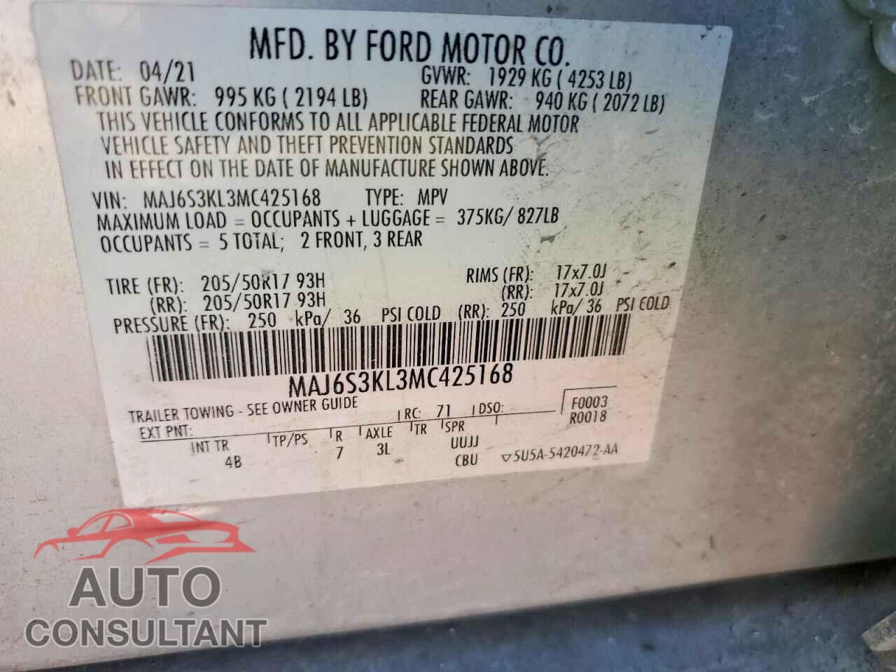 FORD ECOSPORT 2021 - MAJ6S3KL3MC425168