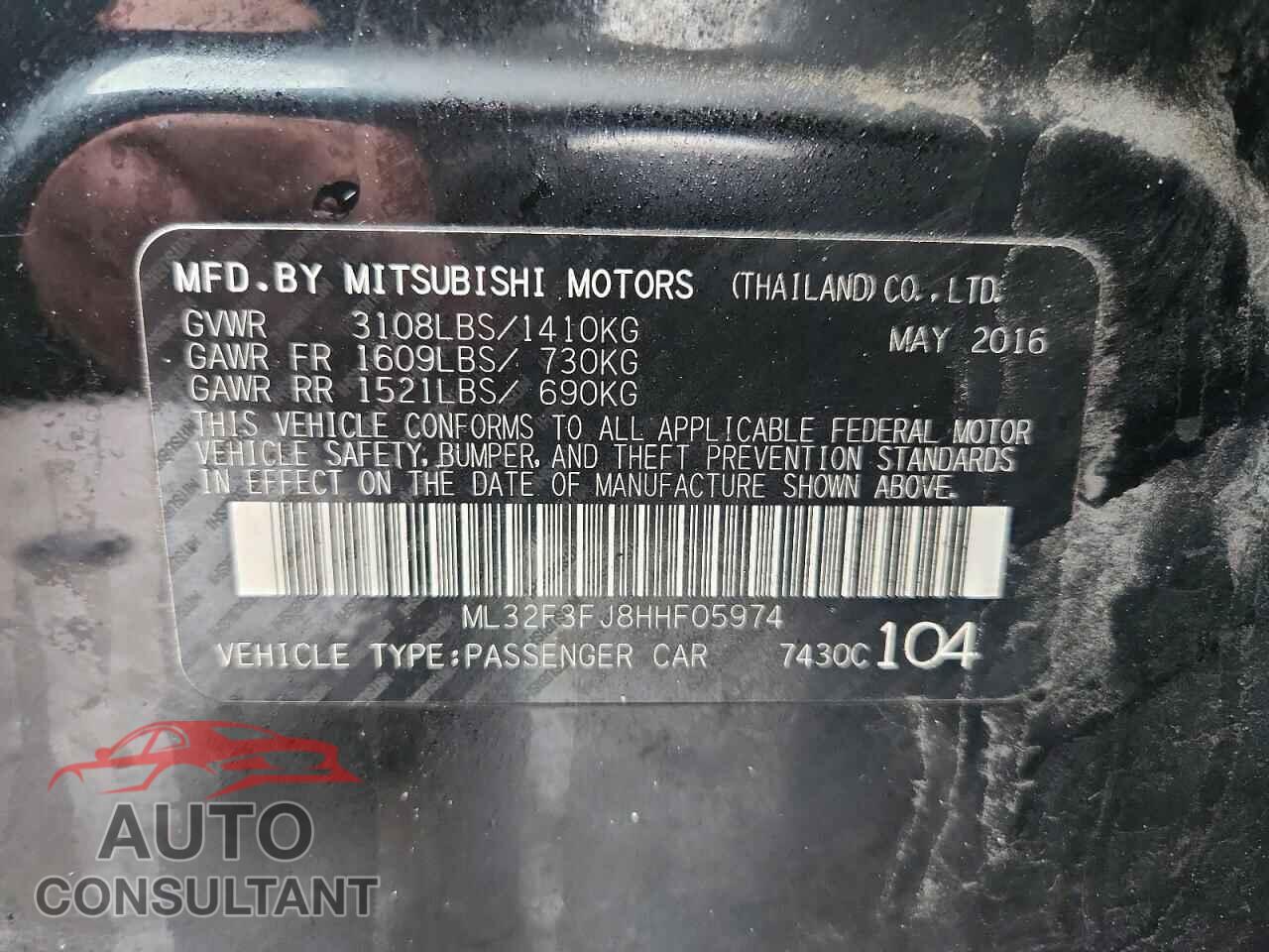 MITSUBISHI MIRAGE 2017 - ML32F3FJ8HHF05974