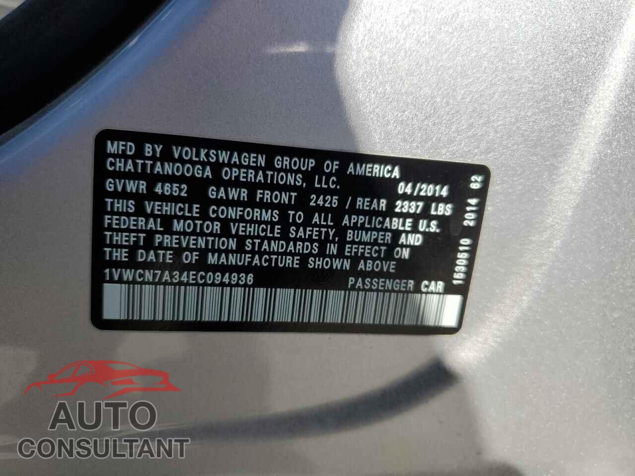 VOLKSWAGEN PASSAT 2014 - 1VWCN7A34EC094936