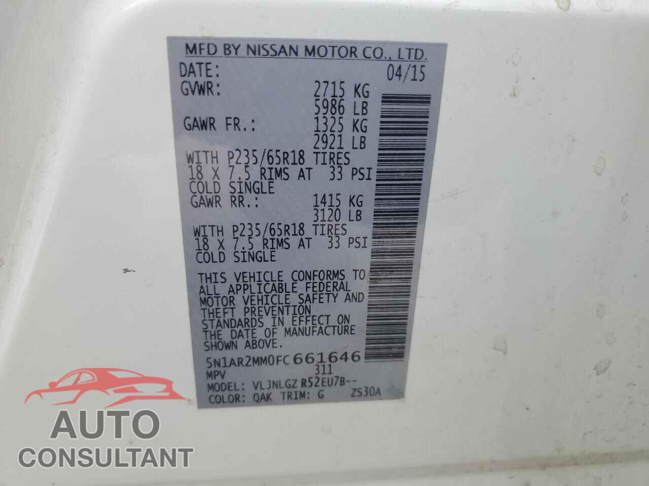 NISSAN PATHFINDER 2015 - 5N1AR2MM0FC661646