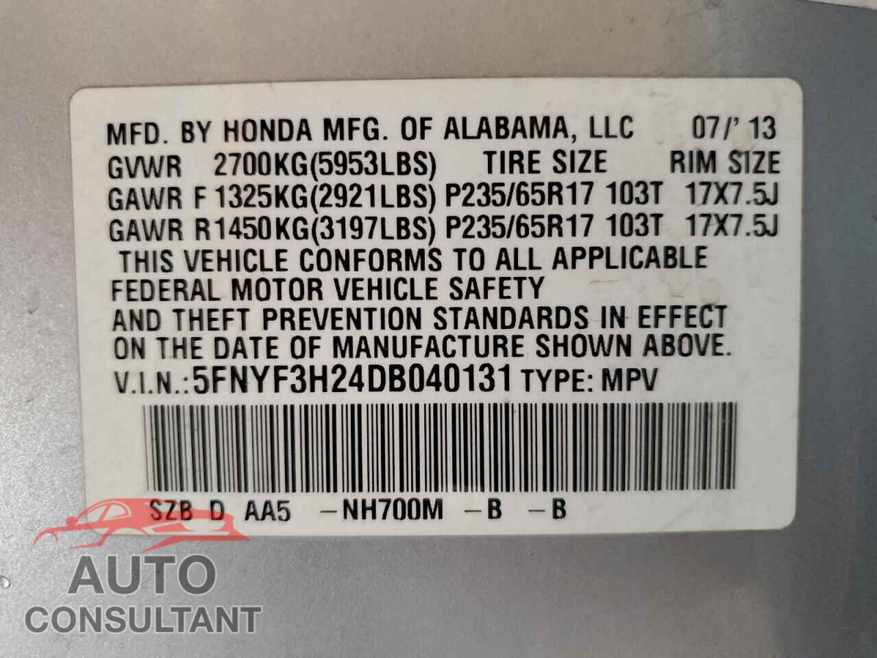 HONDA PILOT 2013 - 5FNYF3H24DB040131