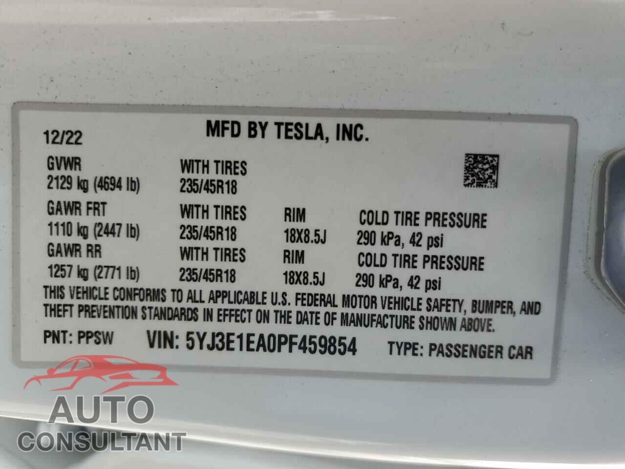 TESLA MODEL 3 2023 - 5YJ3E1EA0PF459854