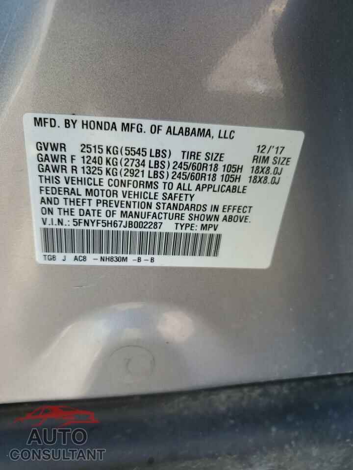 HONDA PILOT 2018 - 5FNYF5H67JB002287