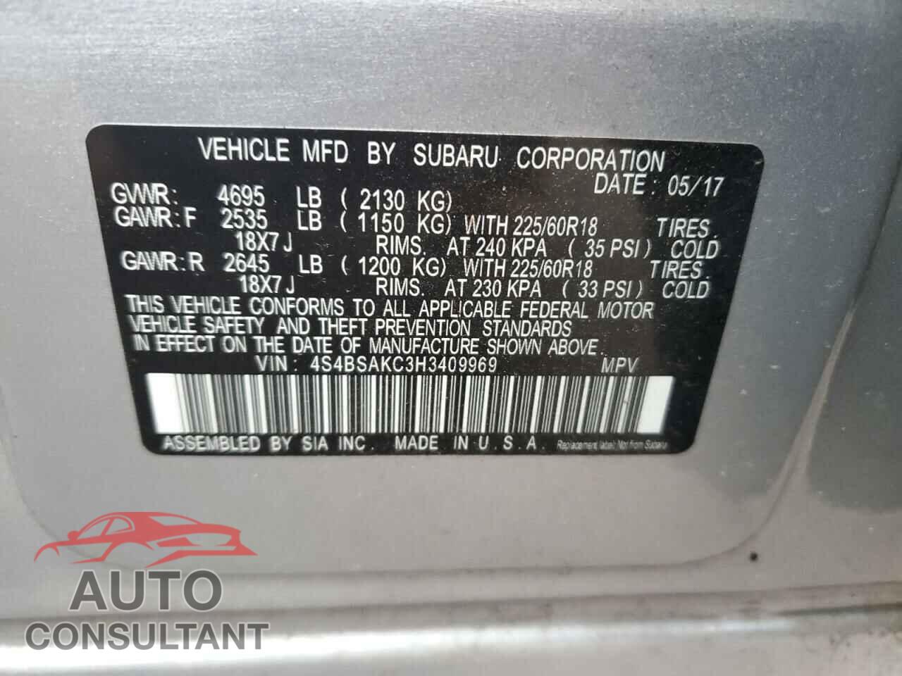 SUBARU OUTBACK 2017 - 4S4BSAKC3H3409969