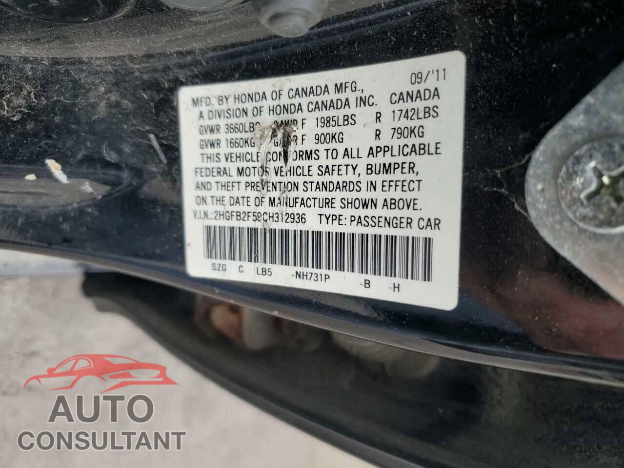HONDA CIVIC 2012 - 2HGFB2F59CH312936