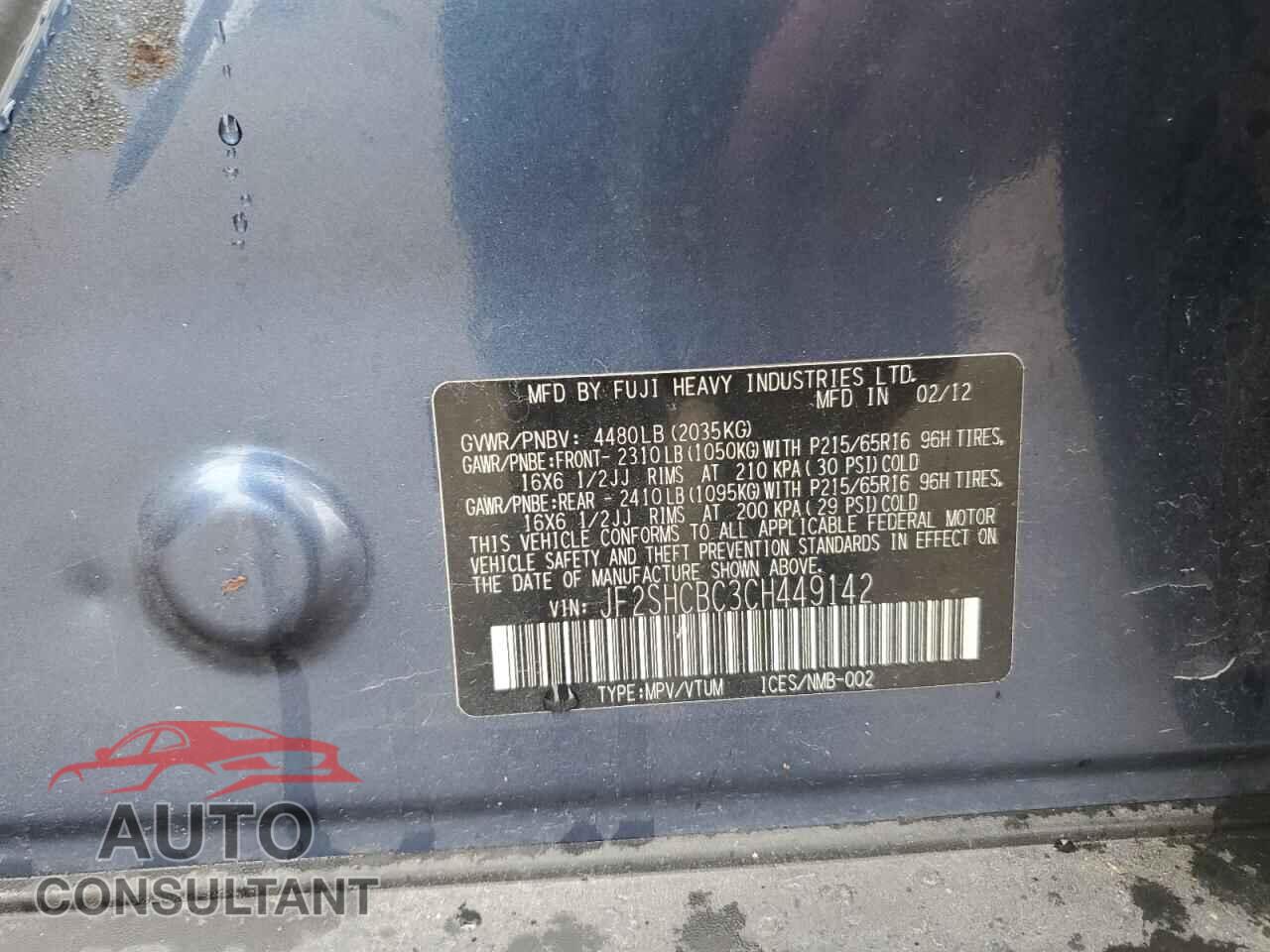 SUBARU FORESTER 2012 - JF2SHCBC3CH449142