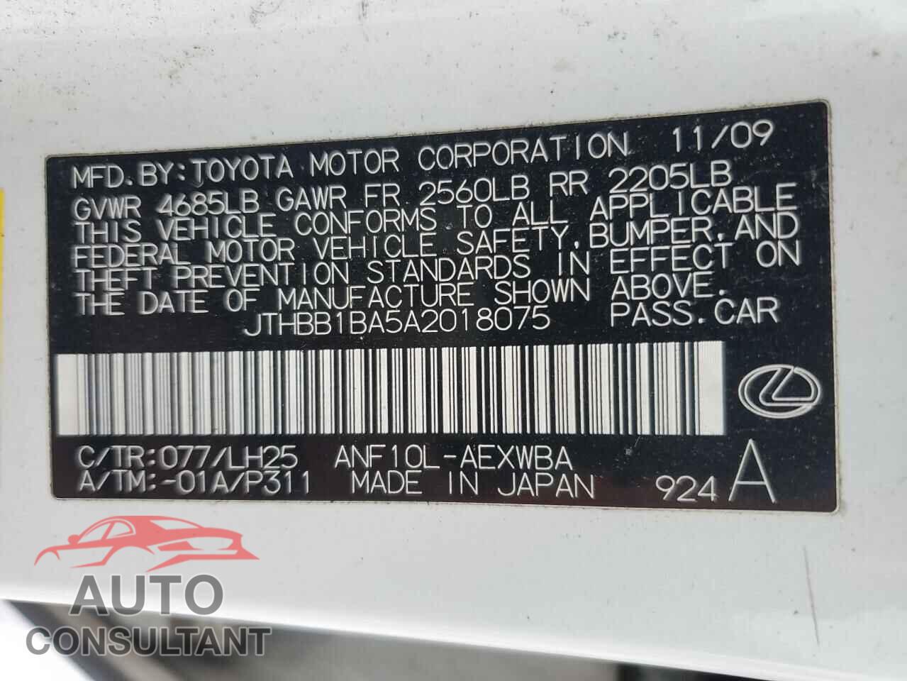 LEXUS HS 2010 - JTHBB1BA5A2018075