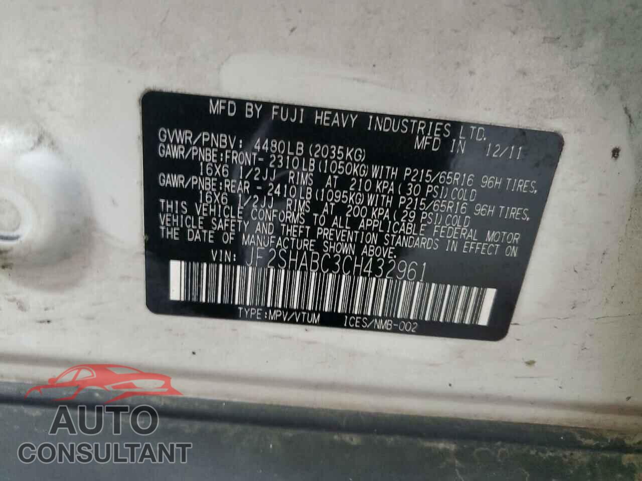 SUBARU FORESTER 2012 - JF2SHABC3CH432961