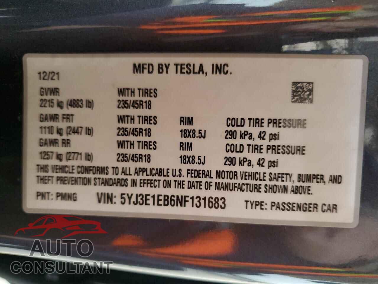 TESLA MODEL 3 2022 - 5YJ3E1EB6NF131683