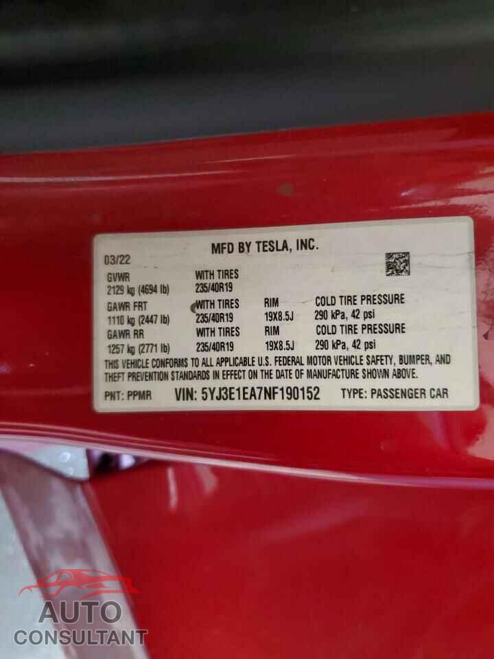 TESLA MODEL 3 2022 - 5YJ3E1EA7NF190152