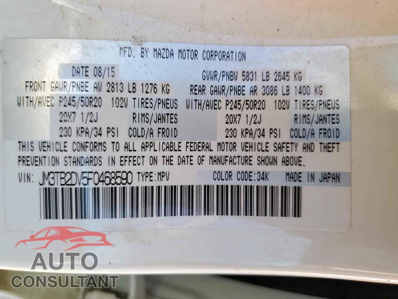 MAZDA CX-9 2015 - JM3TB2DV5F0468590