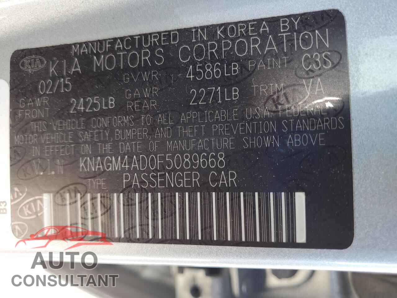 KIA OPTIMA 2015 - KNAGM4AD0F5089668