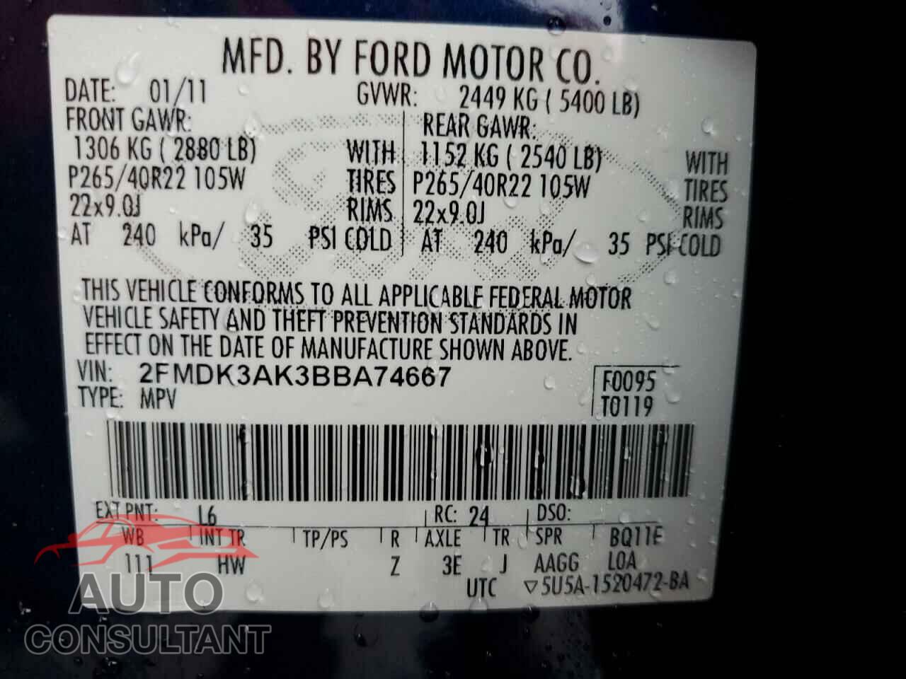 FORD EDGE 2011 - 2FMDK3AK3BBA74667
