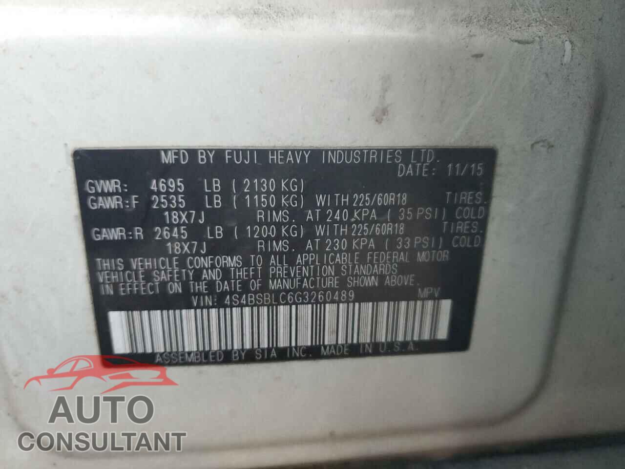 SUBARU OUTBACK 2016 - 4S4BSBLC6G3260489