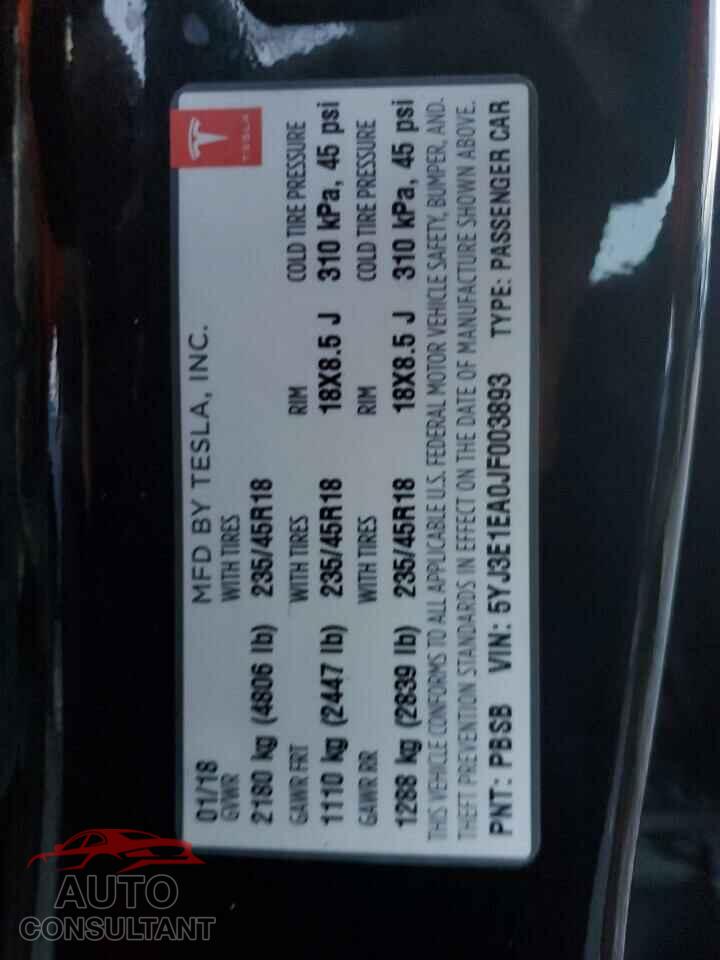 TESLA MODEL 3 2018 - 5YJ3E1EA0JF003893