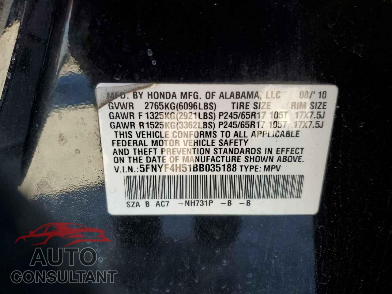 HONDA PILOT 2011 - 5FNYF4H51BB035188