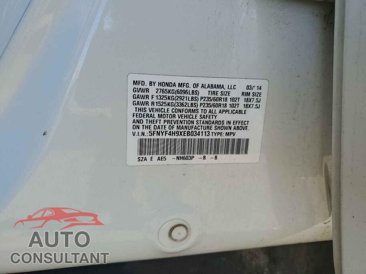 HONDA PILOT 2014 - 5FNYF4H9XEB034113