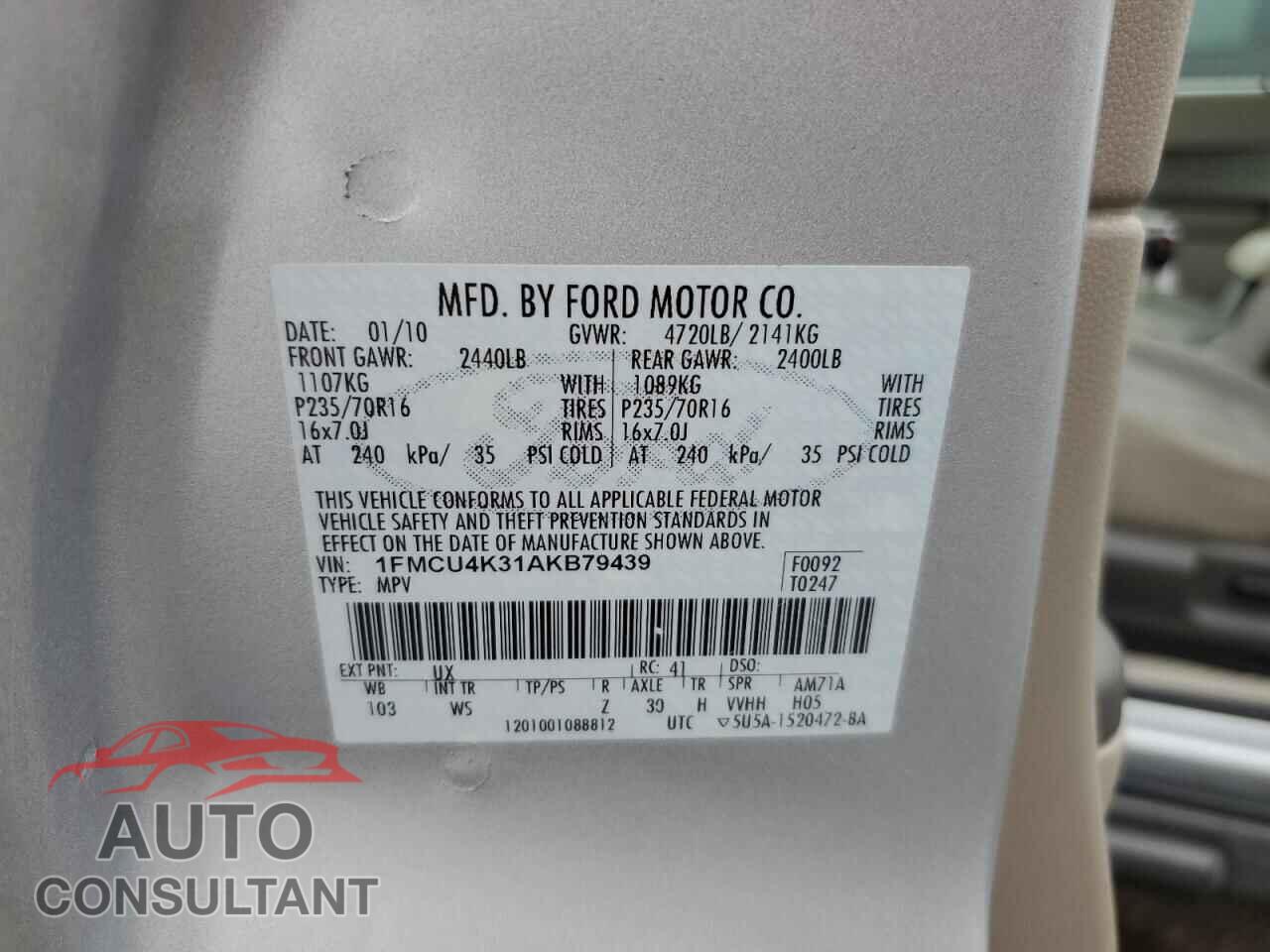 FORD ESCAPE 2010 - 1FMCU4K31AKB79439