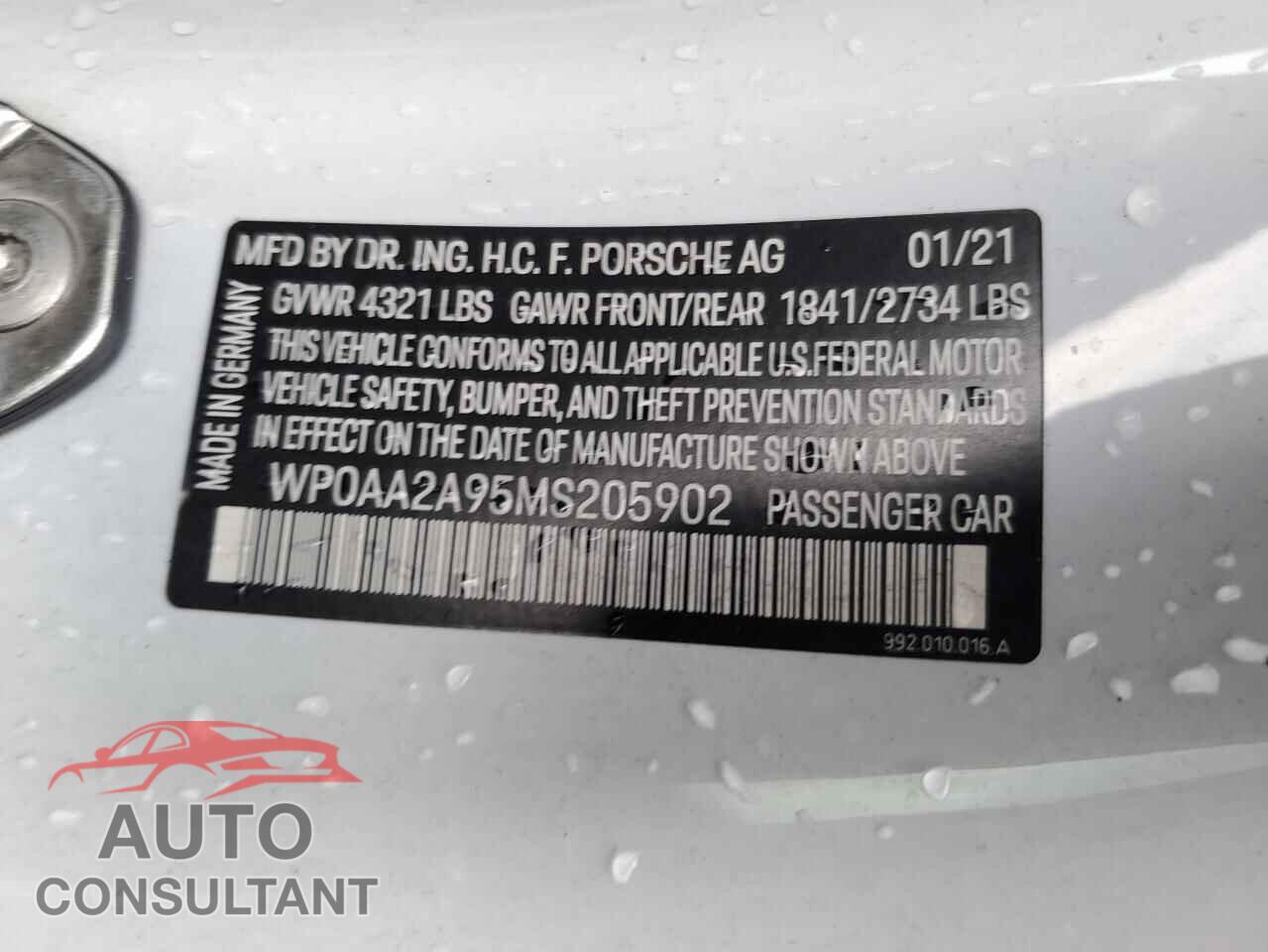PORSCHE 911 2021 - WP0AA2A95MS205902