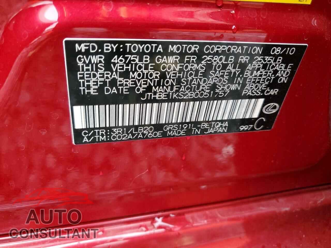 LEXUS GS350 2011 - JTHBE1KS2B0051757