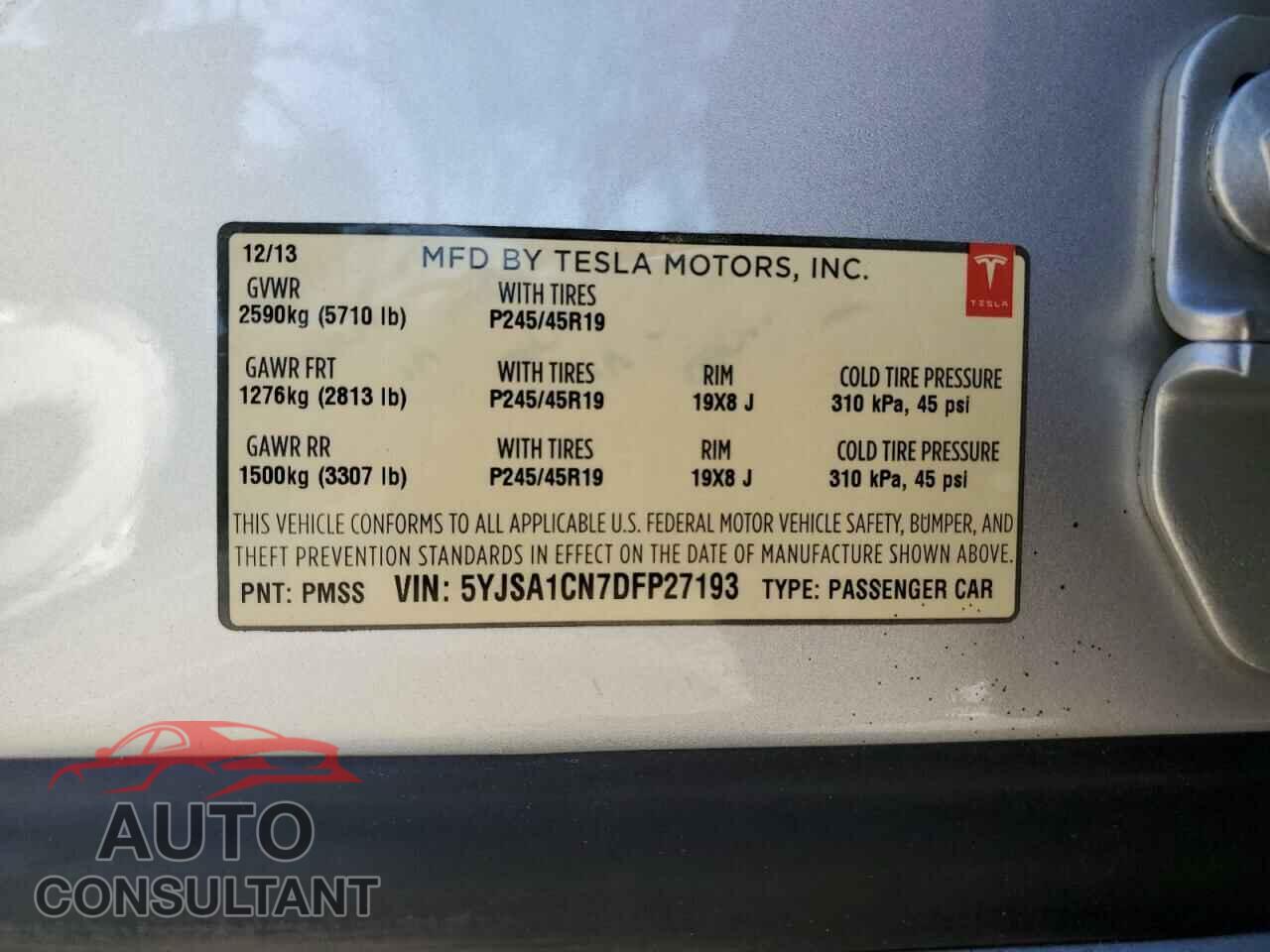 TESLA MODEL S 2013 - 5YJSA1CN7DFP27193