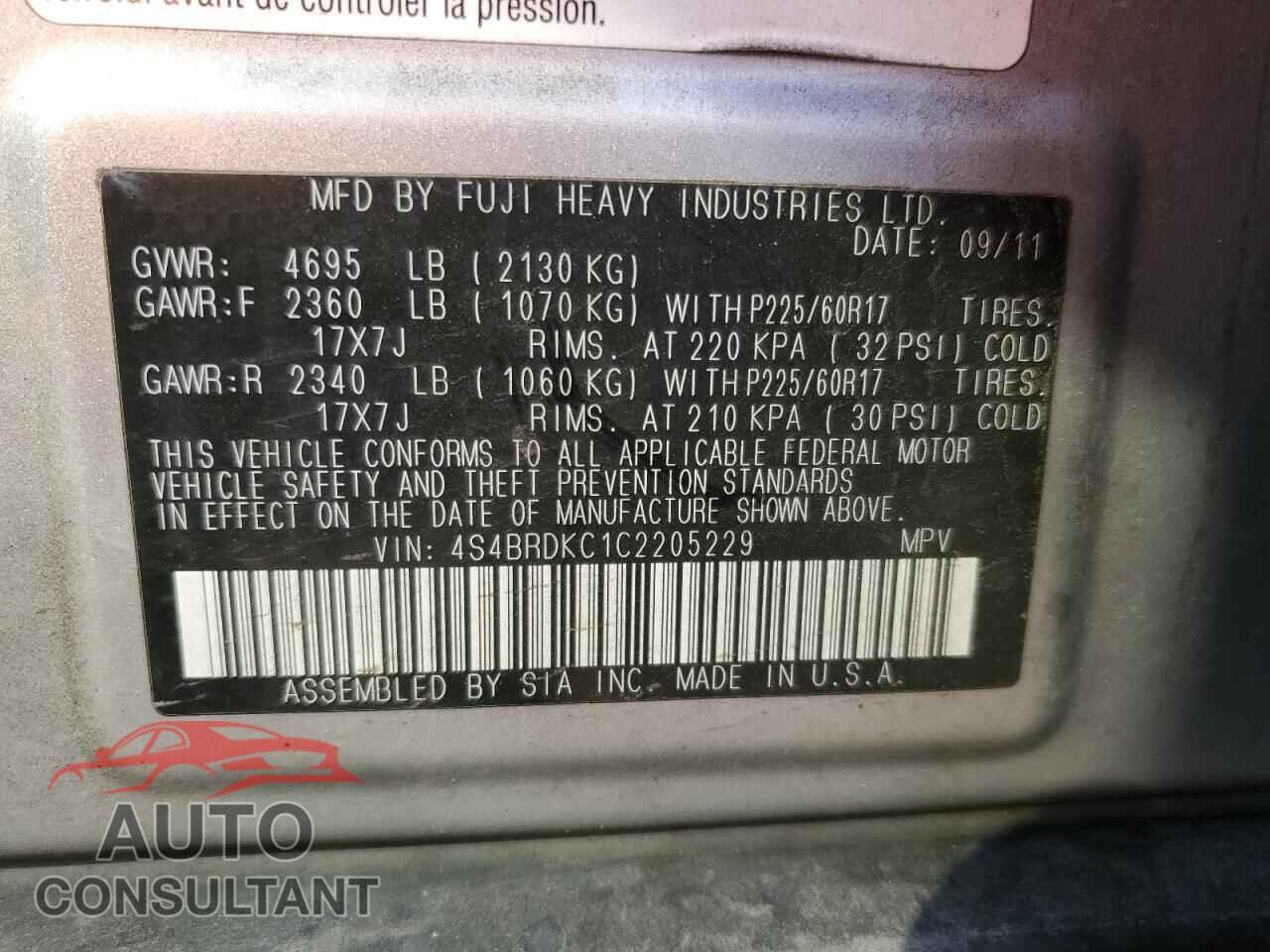 SUBARU OUTBACK 2012 - 4S4BRDKC1C2205229