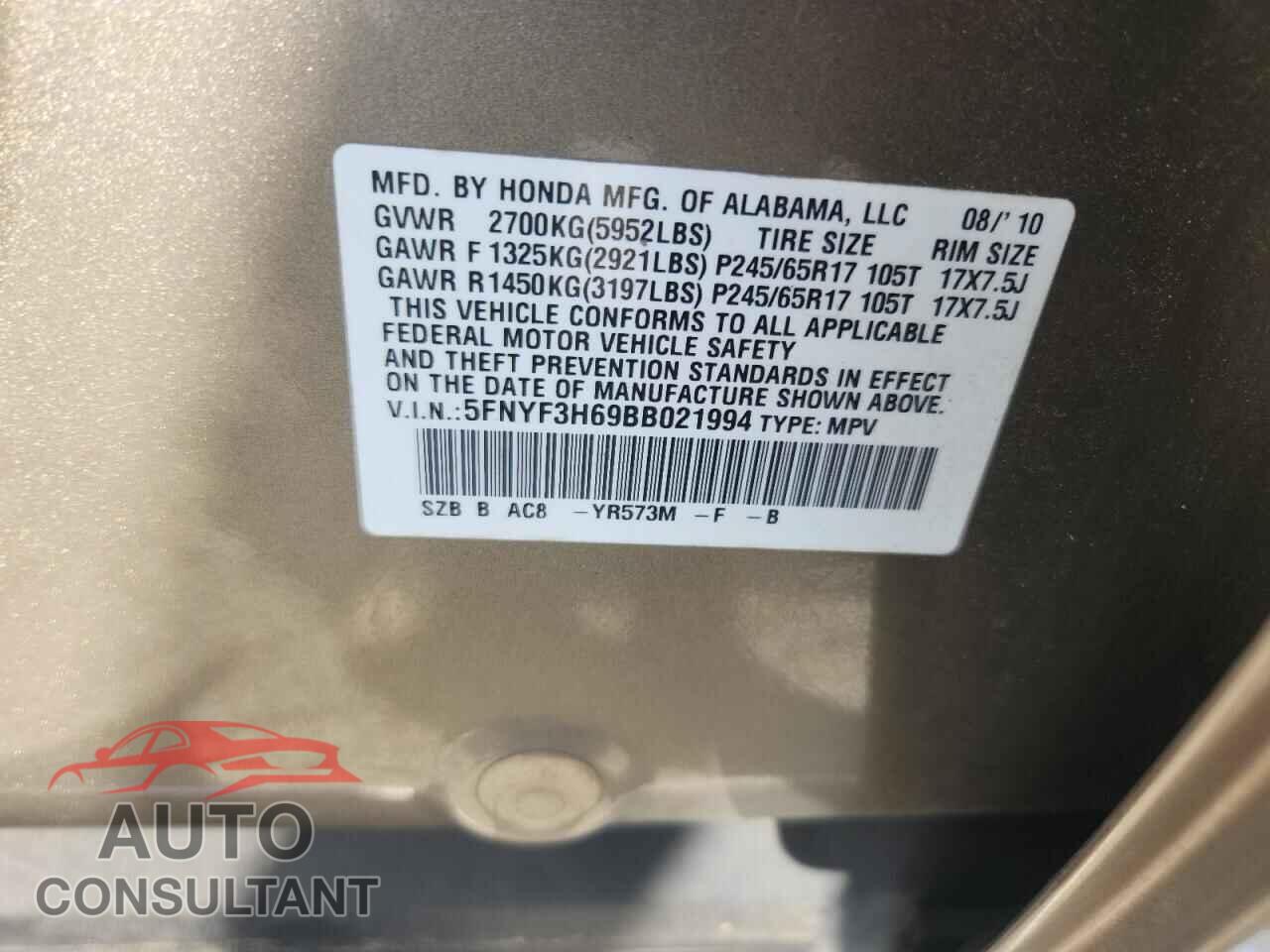 HONDA PILOT 2011 - 5FNYF3H69BB021994
