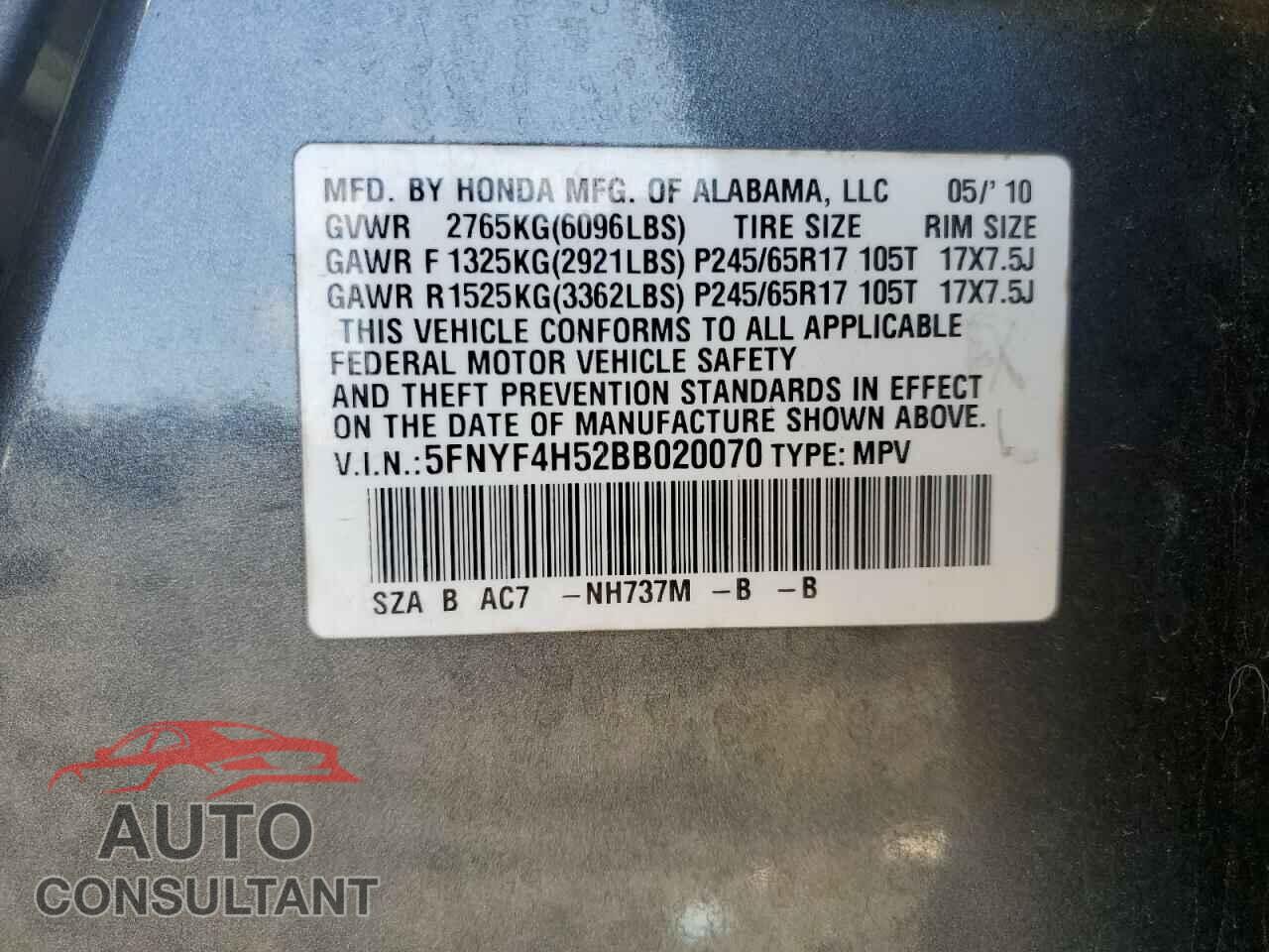 HONDA PILOT 2011 - 5FNYF4H52BB020070