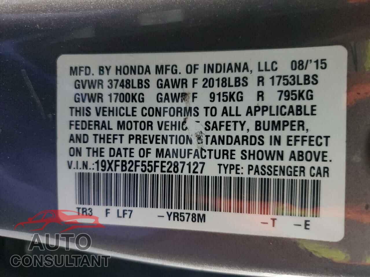 HONDA CIVIC 2015 - 19XFB2F55FE287127