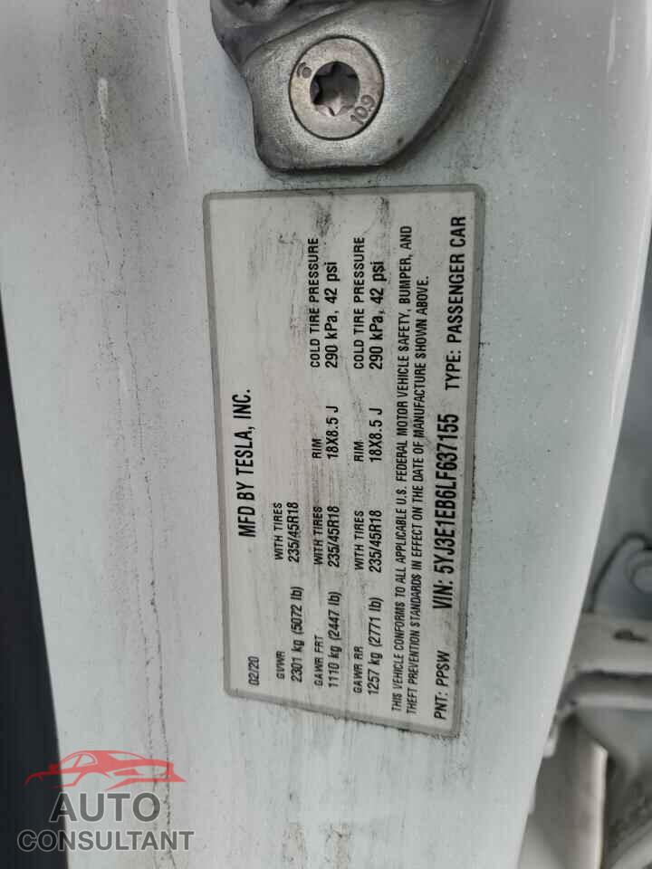 TESLA MODEL 3 2020 - 5YJ3E1EB6LF637155