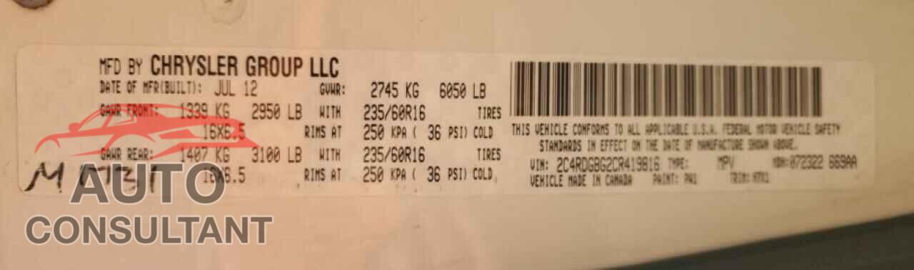 DODGE CARAVAN 2012 - 2C4RDGBG2CR419816