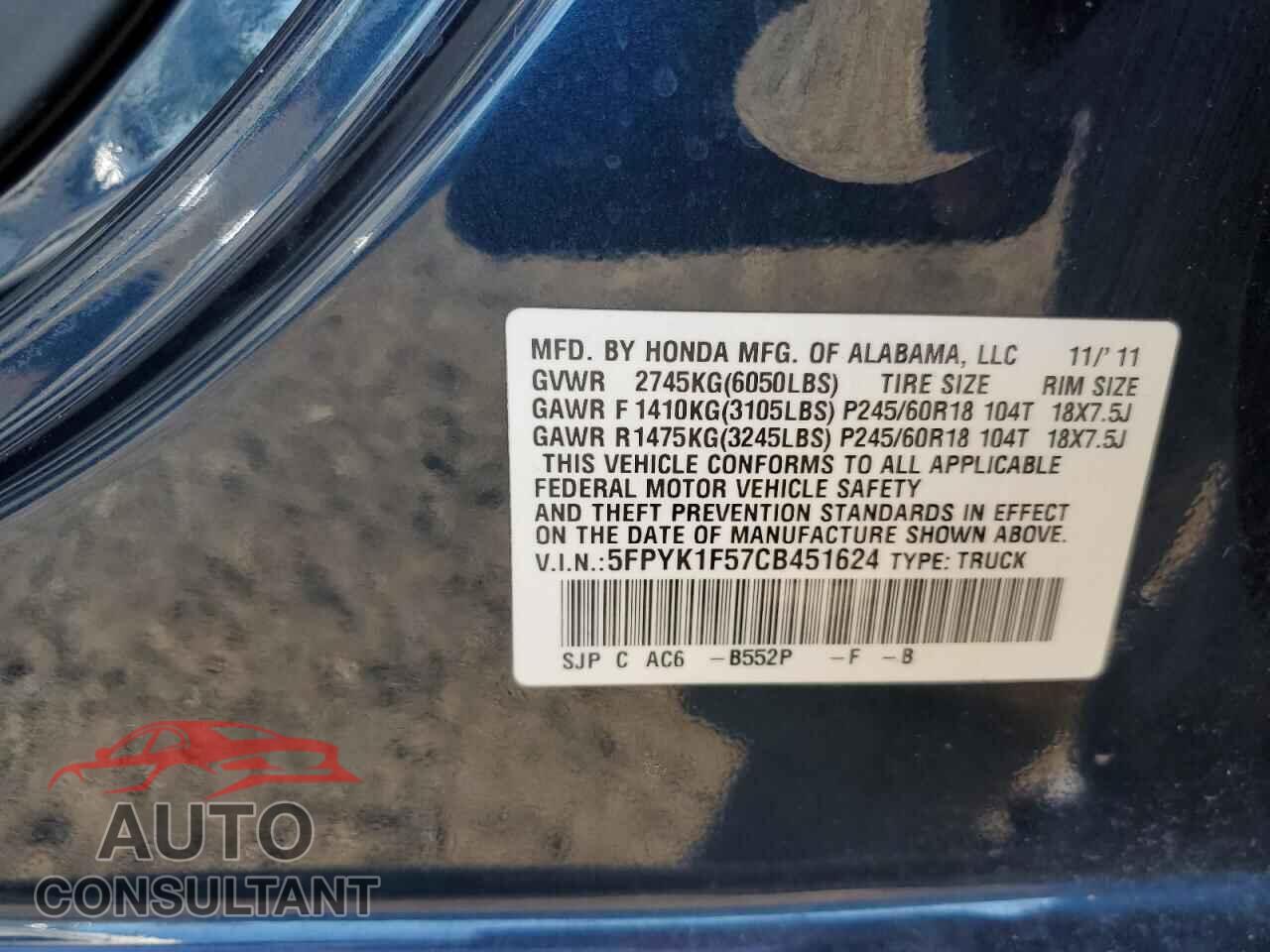 HONDA RIDGELINE 2012 - 5FPYK1F57CB451624