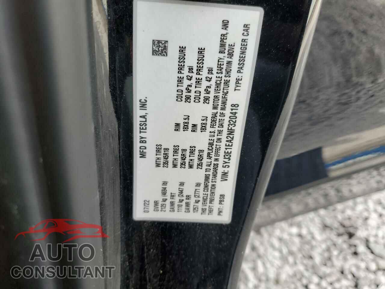 TESLA MODEL 3 2022 - 5YJ3E1EA2NF320418