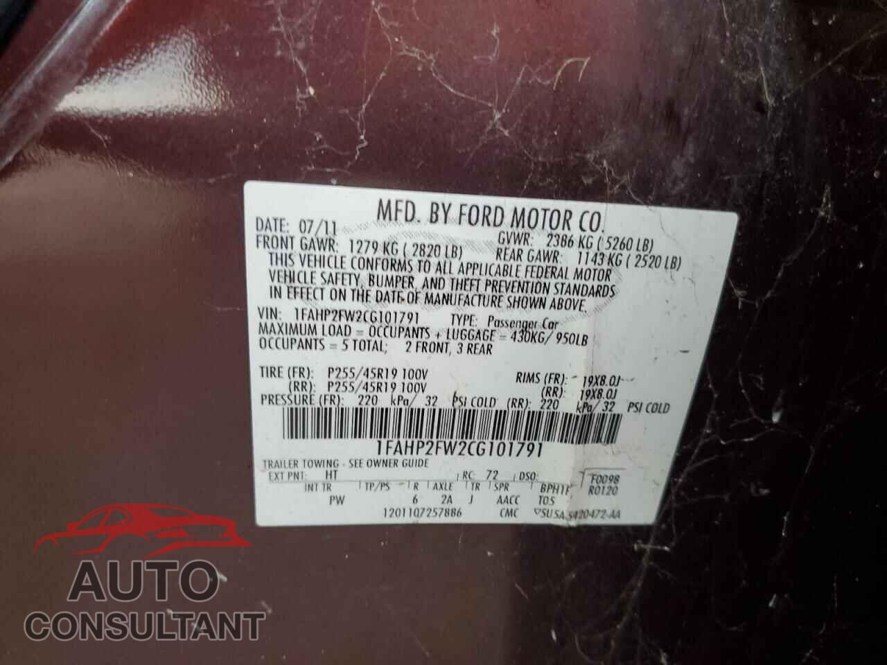 FORD TAURUS 2012 - 1FAHP2FW2CG101791