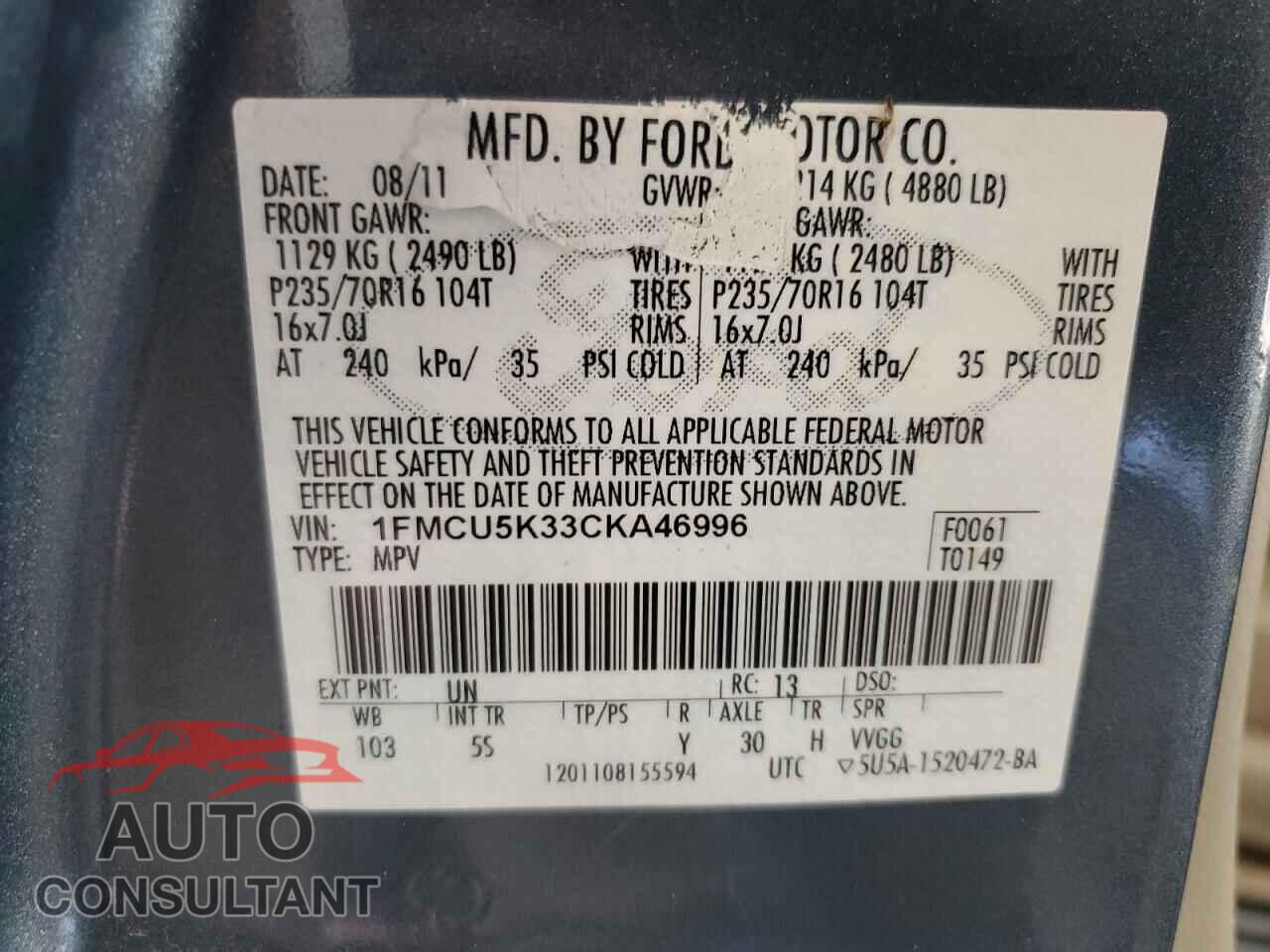 FORD ESCAPE 2012 - 1FMCU5K33CKA46996