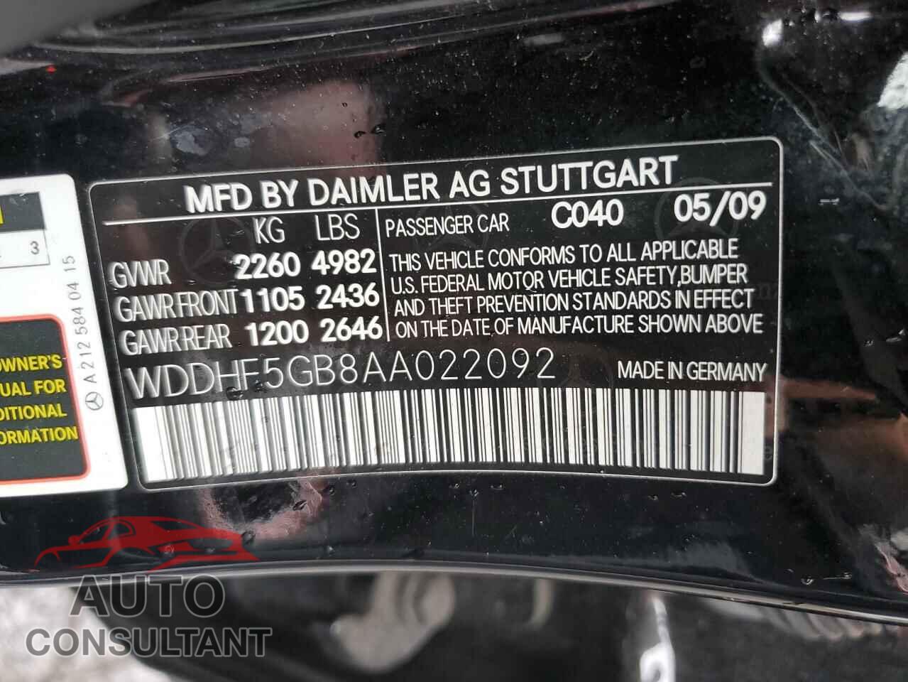 MERCEDES-BENZ E-CLASS 2010 - WDDHF5GB8AA022092