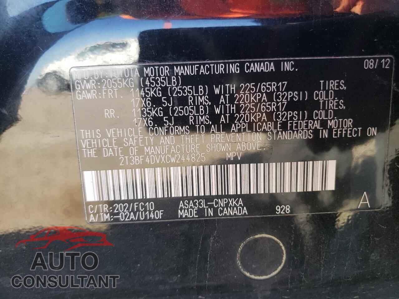TOYOTA RAV4 2012 - 2T3BF4DVXCW244825