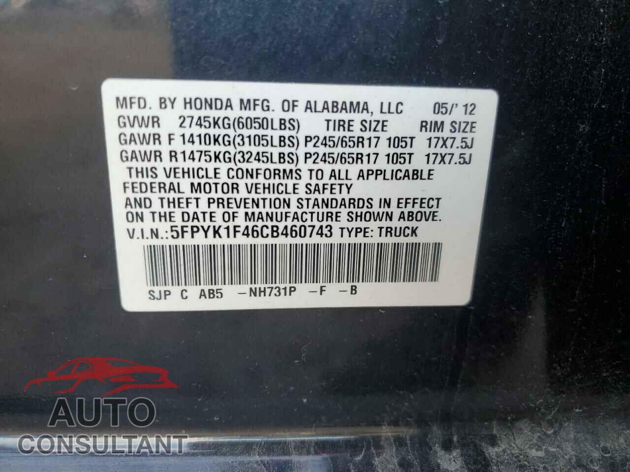 HONDA RIDGELINE 2012 - 5FPYK1F46CB460743