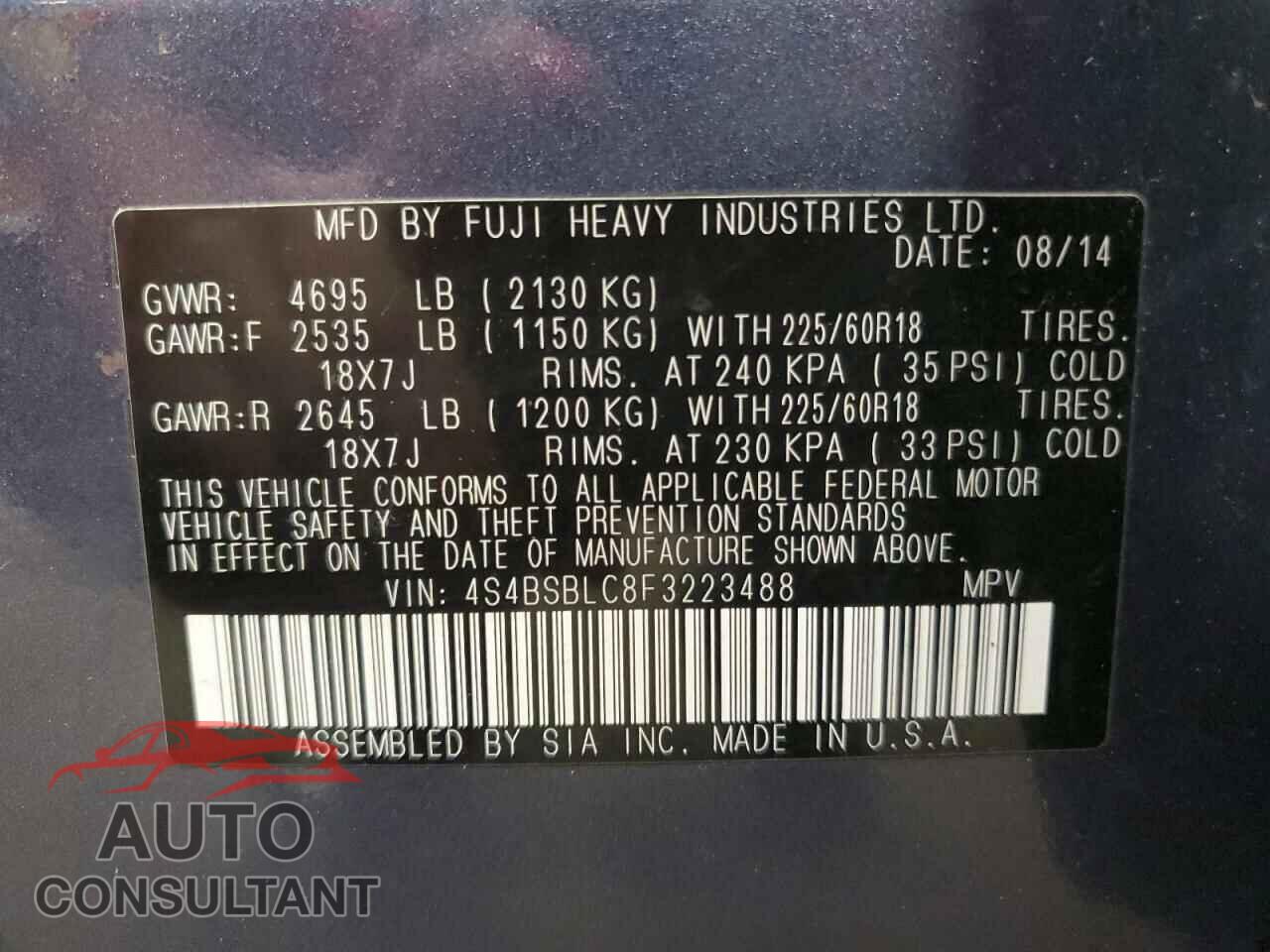 SUBARU OUTBACK 2015 - 4S4BSBLC8F3223488