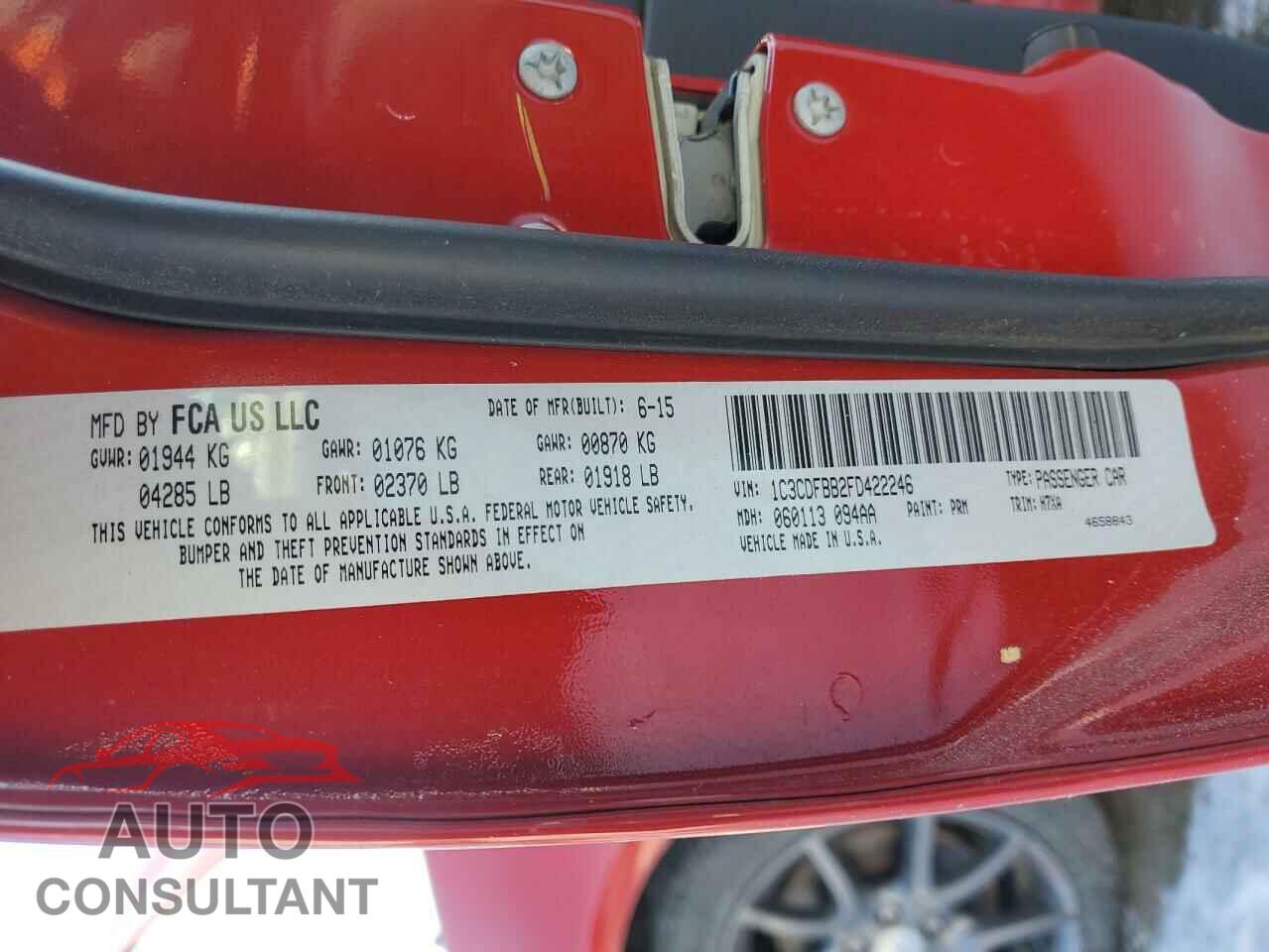 DODGE DART 2015 - 1C3CDFBB2FD422246