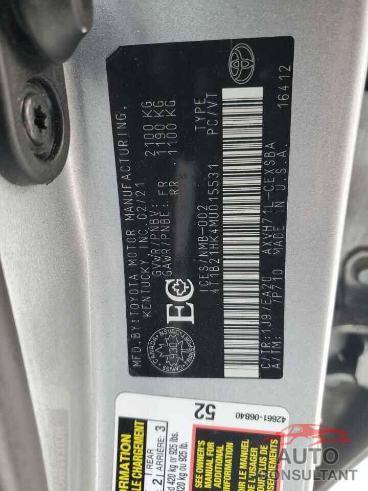 TOYOTA CAMRY 2021 - 4T1B21HK4MU015531